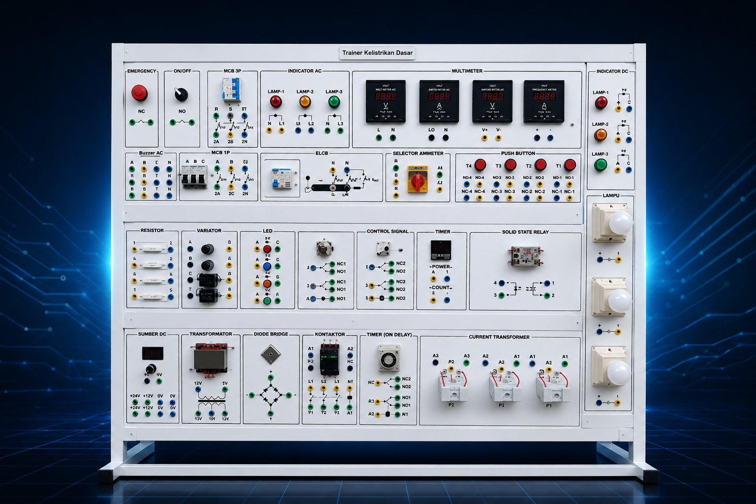 Basic electrical training panel with AC and DC sources, protection devices, controls, components, and measurement instruments