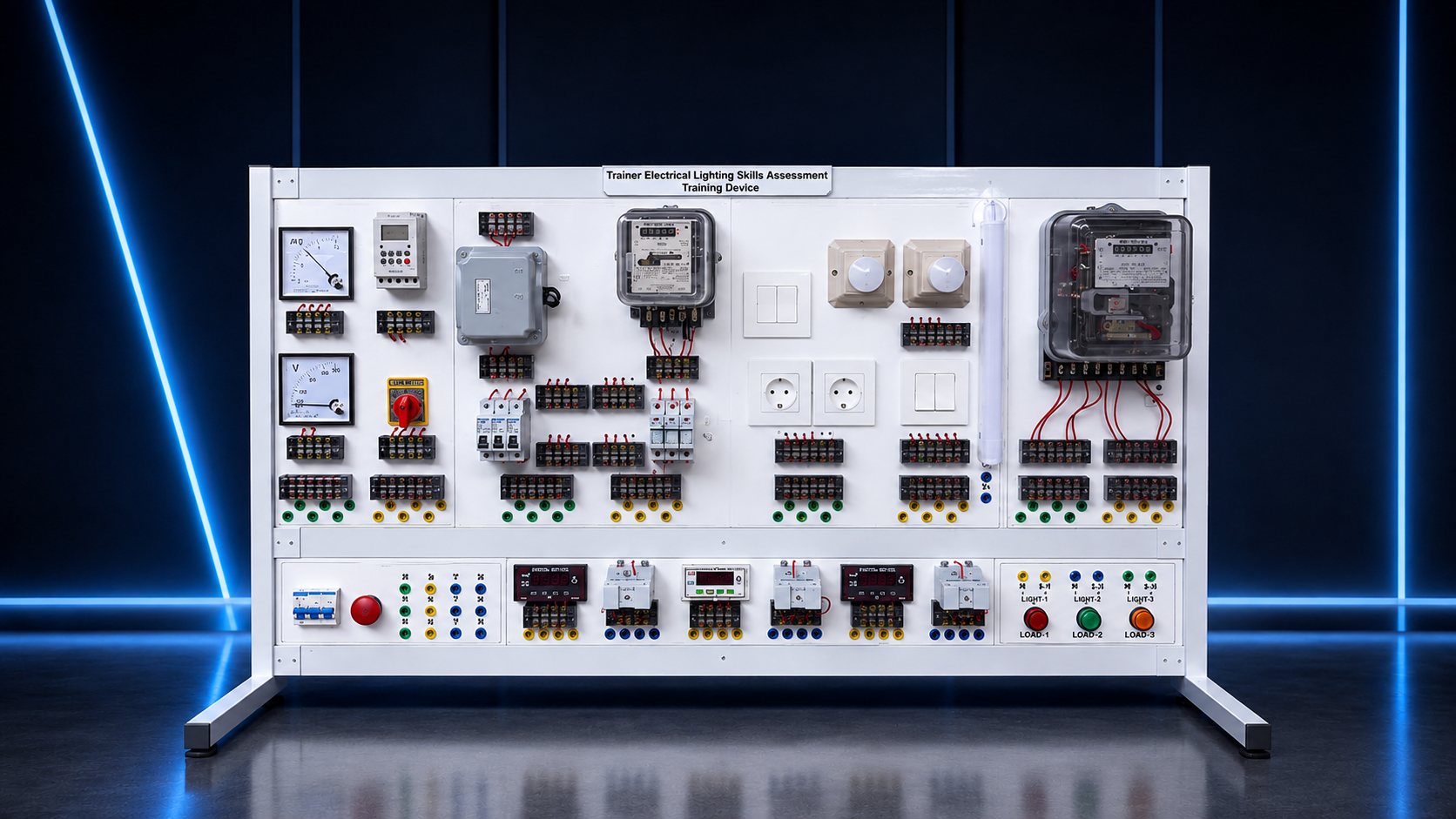 Panel pelatihan keterampilan penerangan listrik dengan perangkat proteksi, alat ukur, sakelar, stopkontak, lampu, relay, dan terminal pengawatan modular