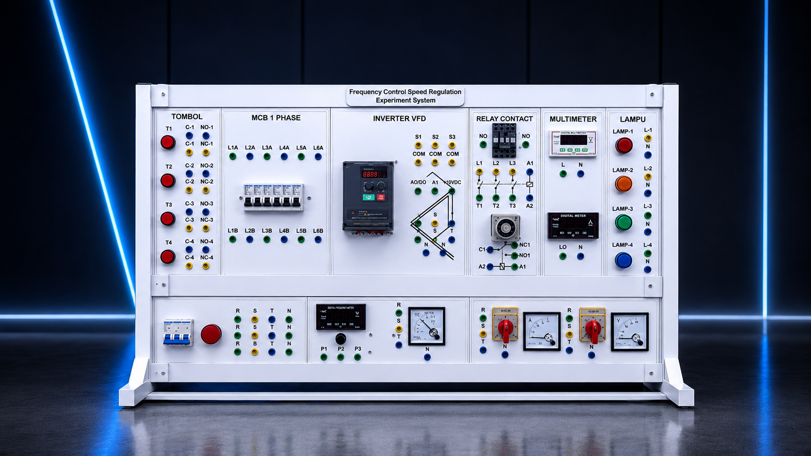 Panel pelatihan pengaturan kecepatan berbasis frekuensi dengan VFD, breaker, kontrol relay, indikator, terminal pengaman, dan alat ukur listrik