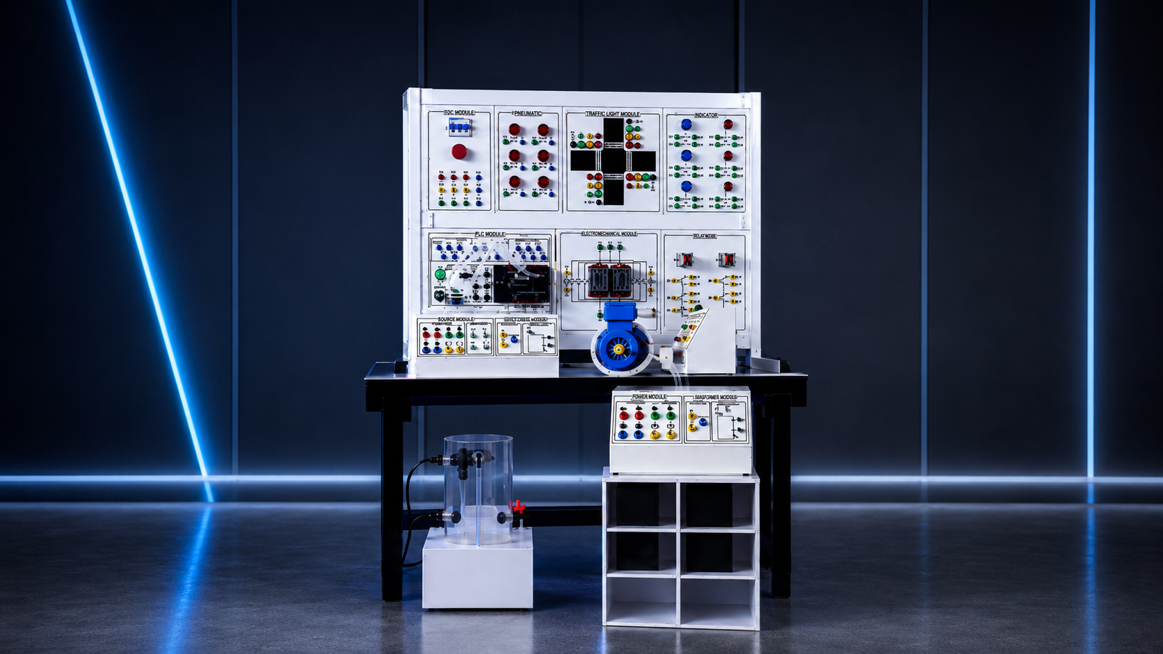 Programmable logic controller training workbench with modular control panels and automation equipment