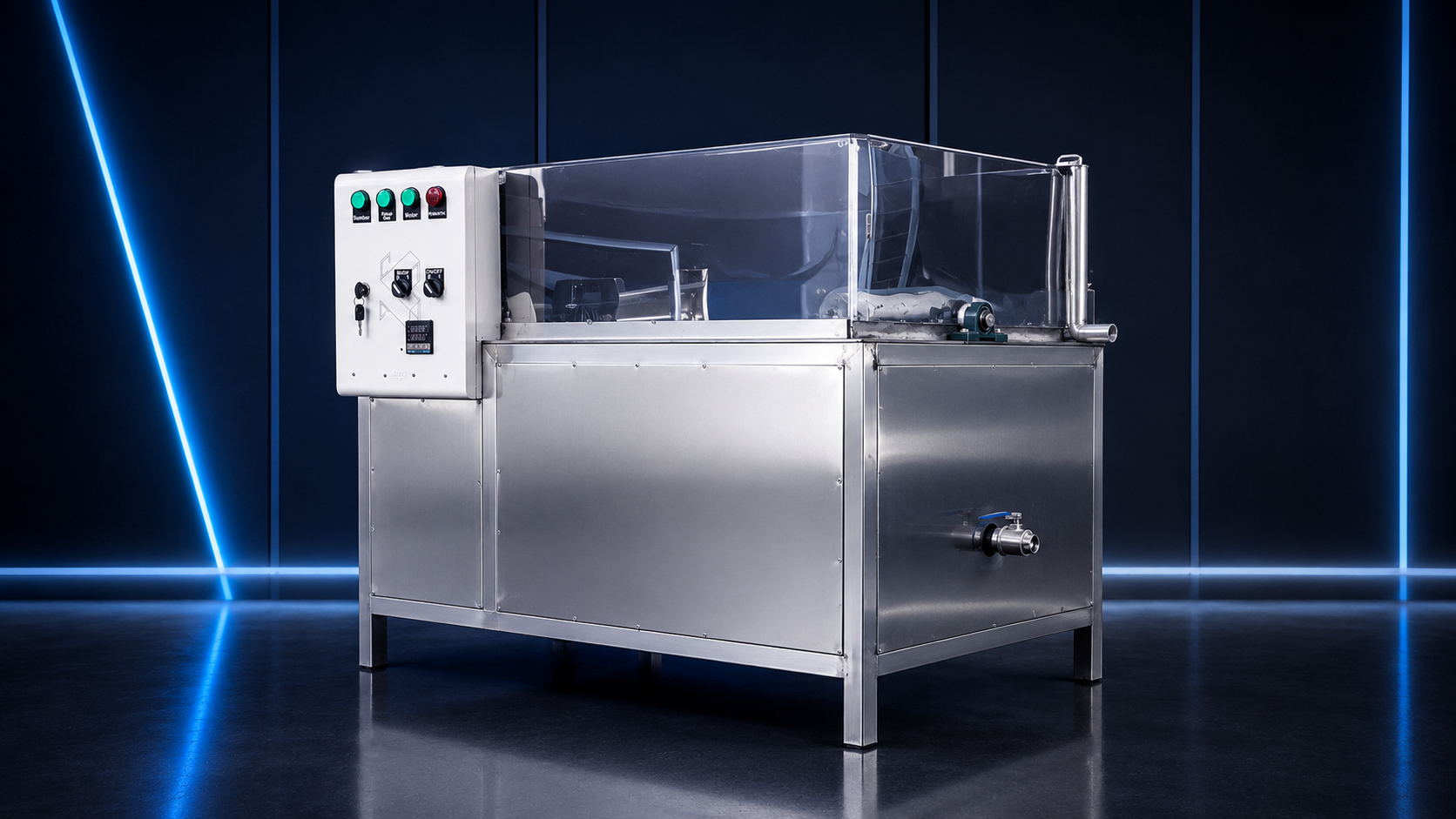Stainless steel poultry scalder with temperature controls, covered tank, and geared agitator